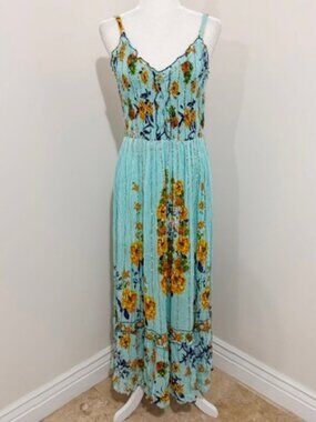 Me 2 Magic Anthropologie Sleeveless Maxi Boho Dress Blue Floral Size L NWT